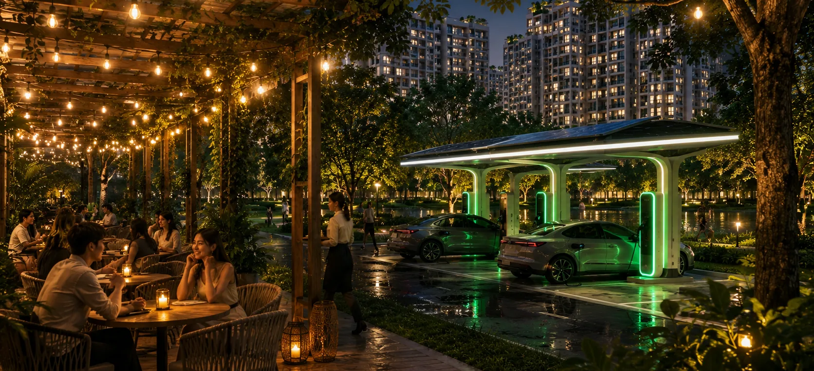 Café ngoài trời cạnh trạm sạc