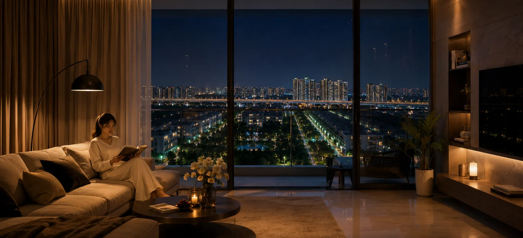 Căn hộ view toàn cảnh khu đô thị về đêm