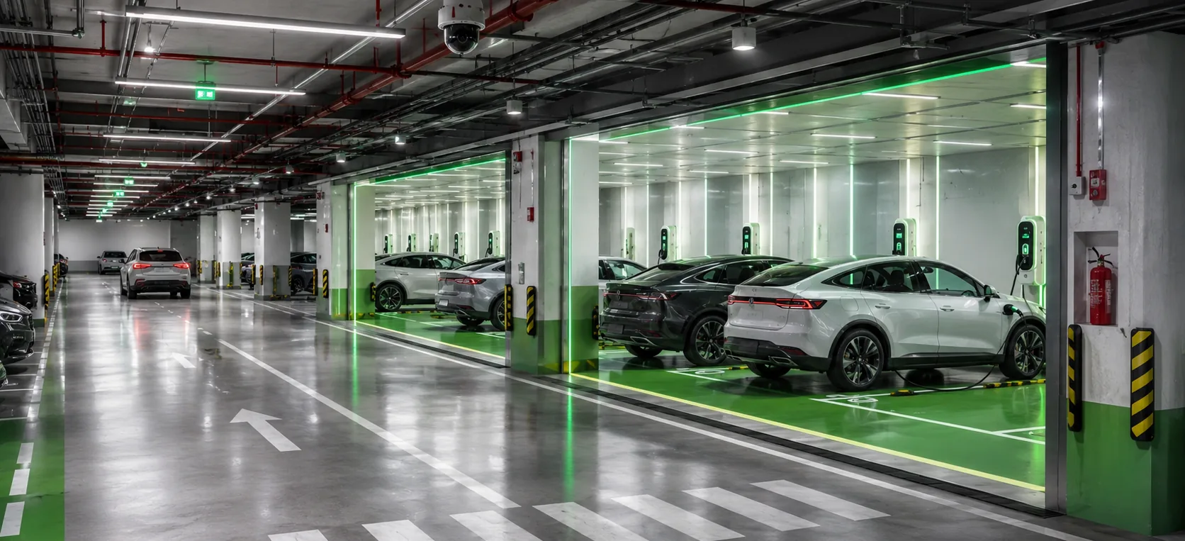 Hầm đỗ xe với khu vực sạc chuyên dụng