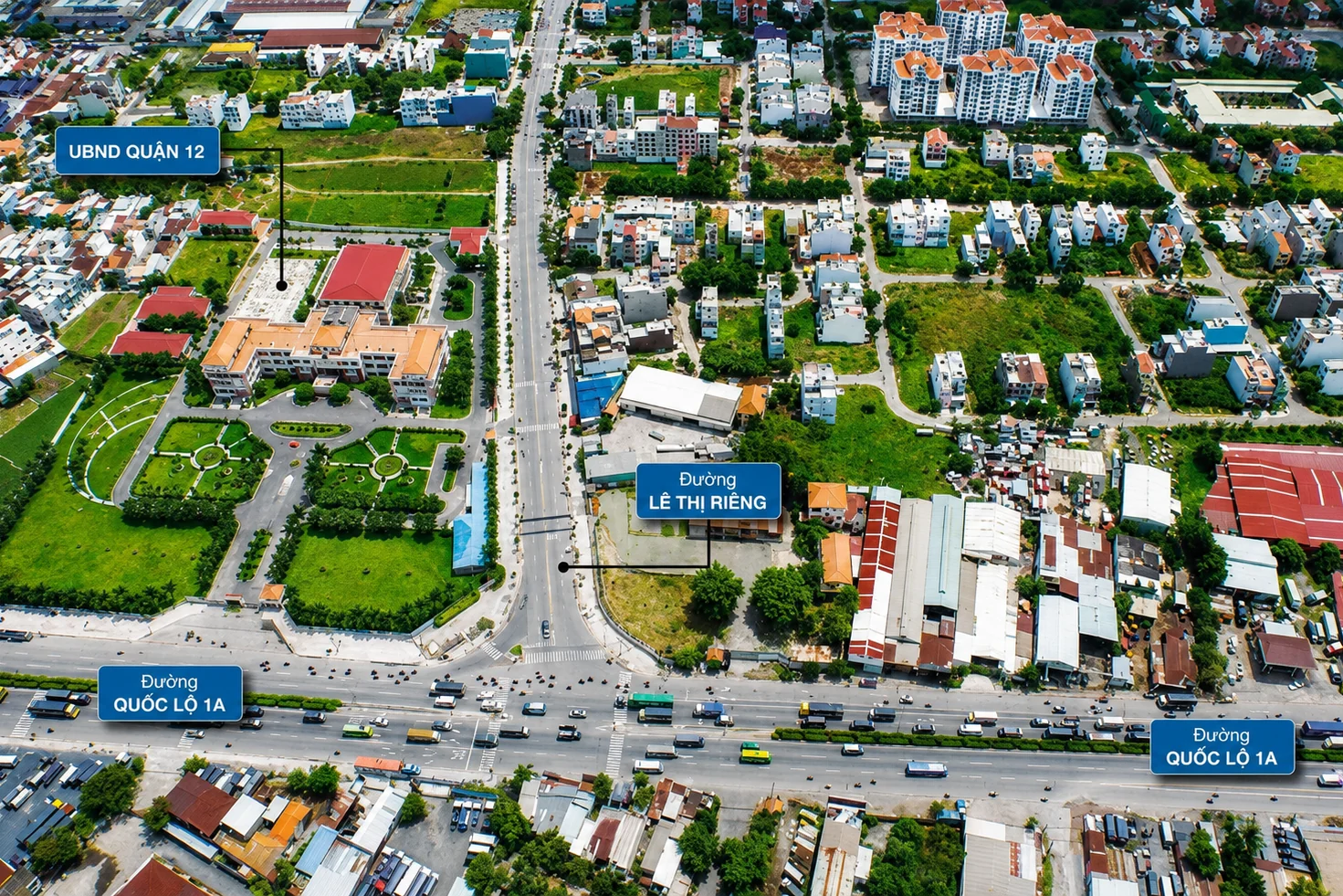 Khu vực dự án nhìn từ trên cao với đường Lê Thị Riêng và Quốc lộ 1A