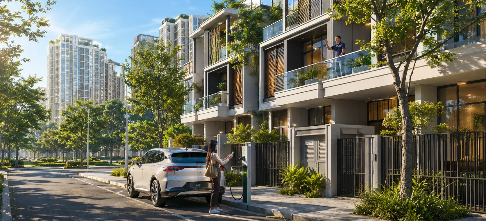 Nhà phố với trụ sạc riêng