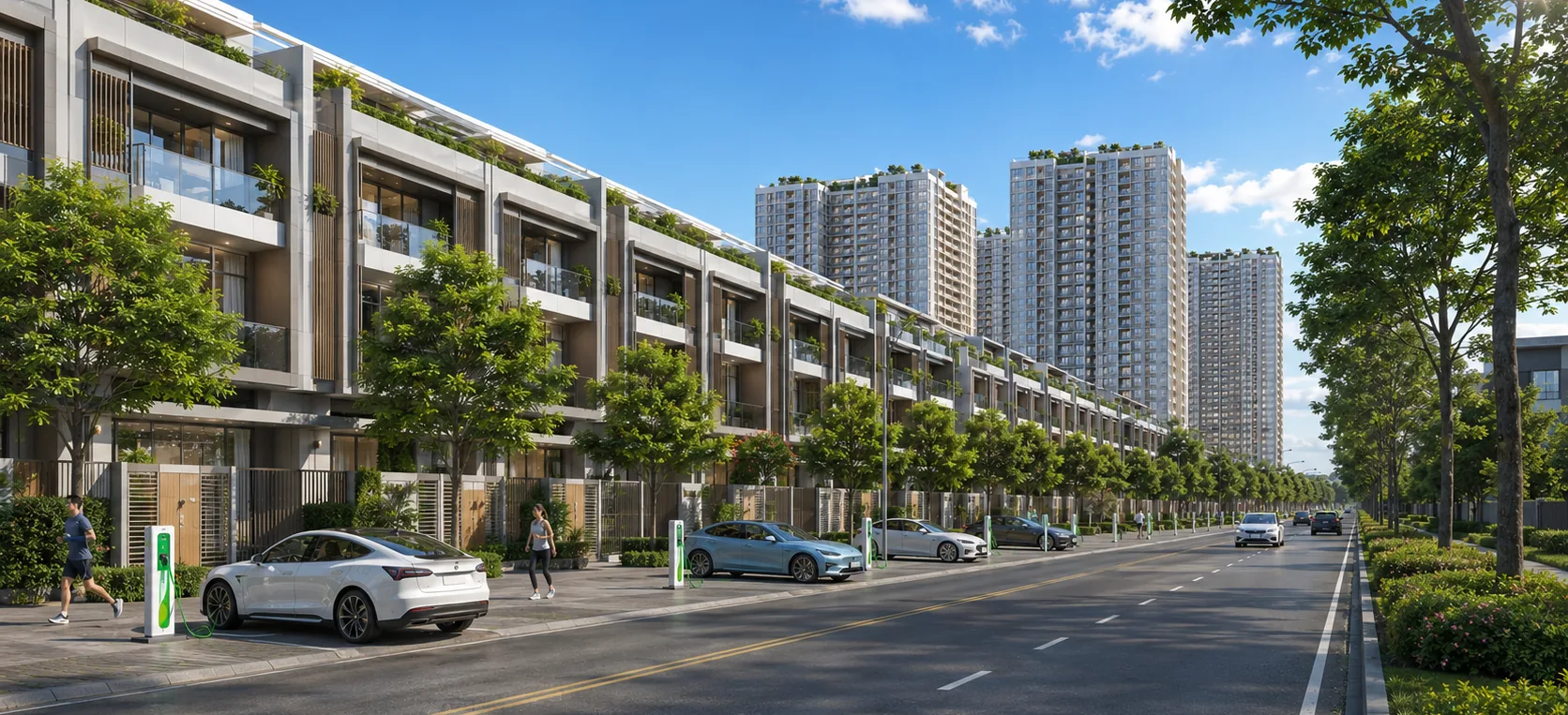 Trục đường nội khu với trạm sạc xe điện